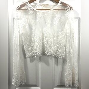 White Sheer Lace Bell Sleeve Top Boho Romantic Scalloped Lace Blouse M